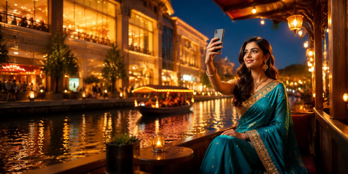 Woman using mobile casino app in a traditional sari in Delhi
