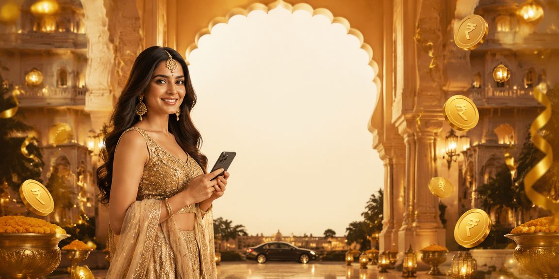 User interacting with mobile casino app wearing traditional lehenga
