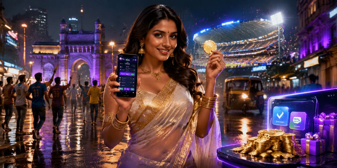 Player celebrating with vibrant cricket slots in Mumbai night scene